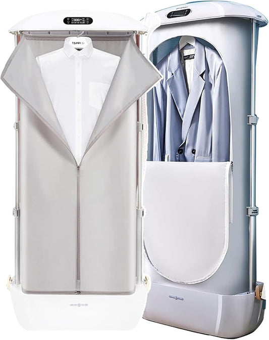 Une enceinte vapeur verticale entoure le linge reste sur cintre