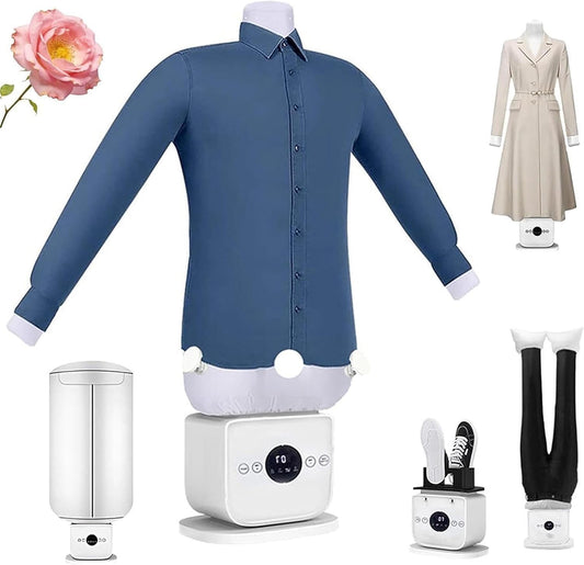 Ce mannequin de repassage aux commandes tactiles en coloris bleu et blanc